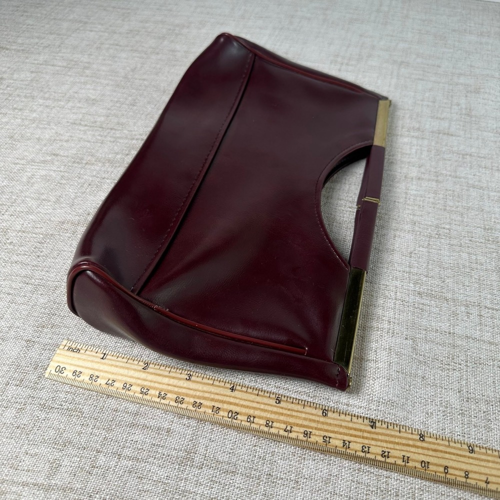 Vintage 1970s Oxblood Burgundy Frame Handbag Clutch Gold Tone Handle - Picture 10 of 11